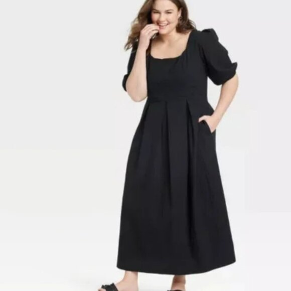 a new day Dresses & Skirts - A New Day Black Balloon Sleeve Smocked Seersucker XXL NWT Midi Maxi Dress